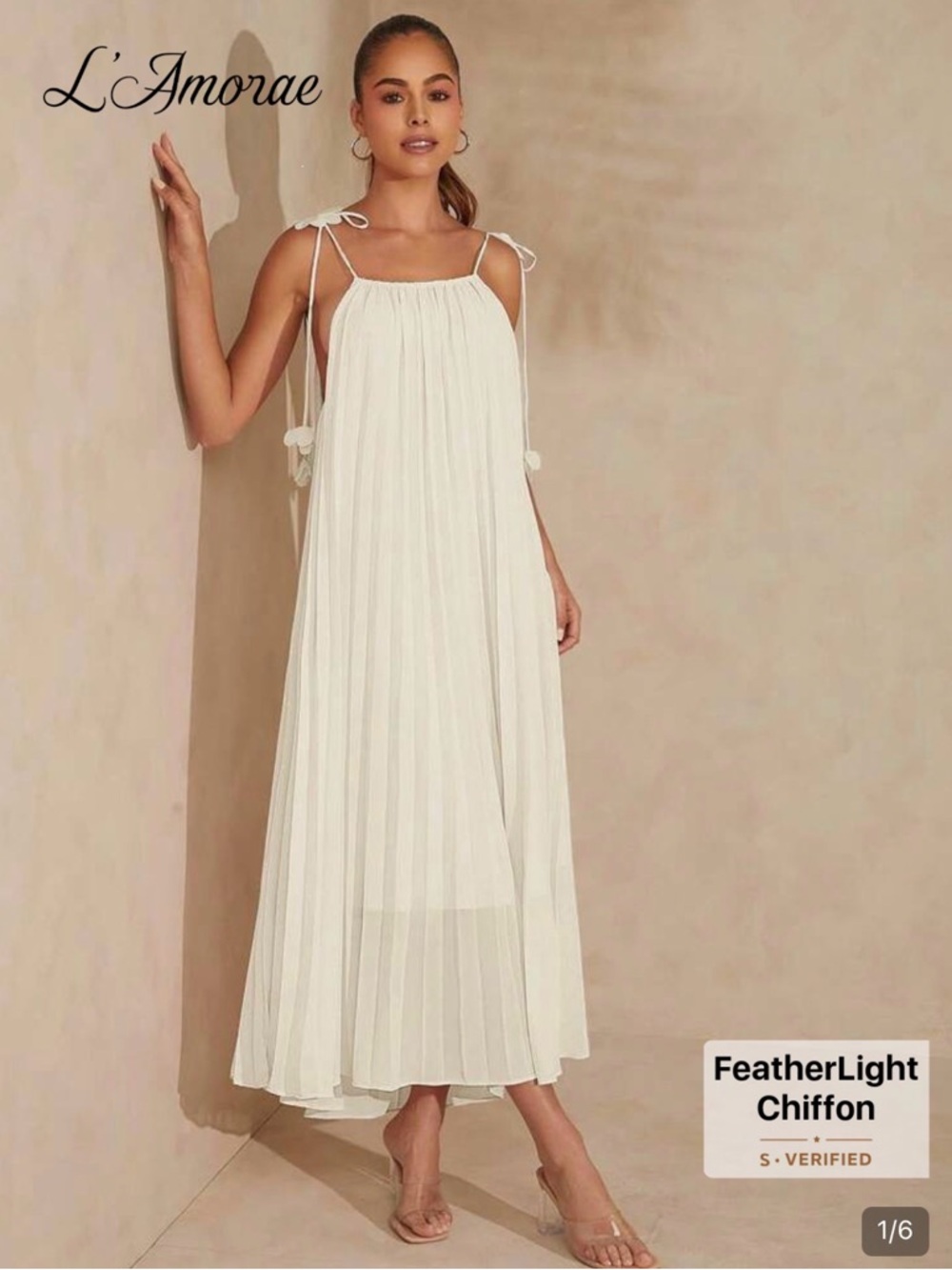 L'Amorae White Pleated Chiffon Maxi Dress